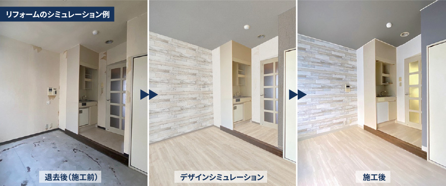 リフォームのシミュレーション例。退去後の施工前の部屋、デザインシミュレーション後、施工後の部屋が並んで比較されている